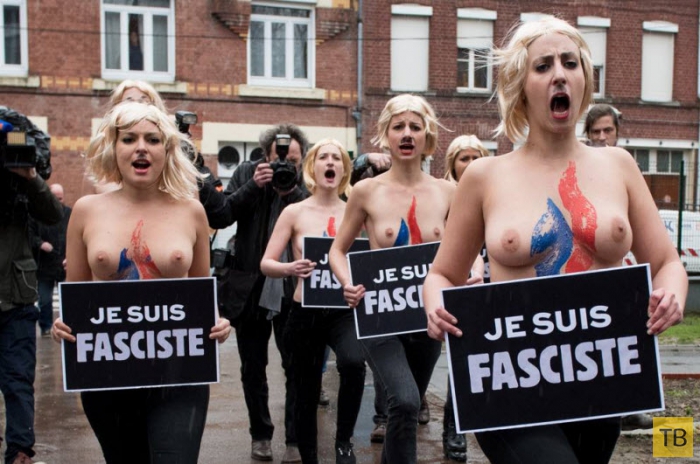 (18+) Активистки FEMEN оголились перед Марин Ле Пен (10 фото)