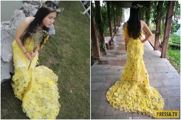 Китайская студентка сшила необычное платье из листьев (10 фото)