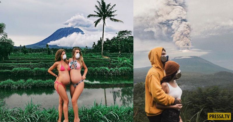 Туристы радостно фотографируются на фоне "ожившего" вулкана на Бали (14 фото)