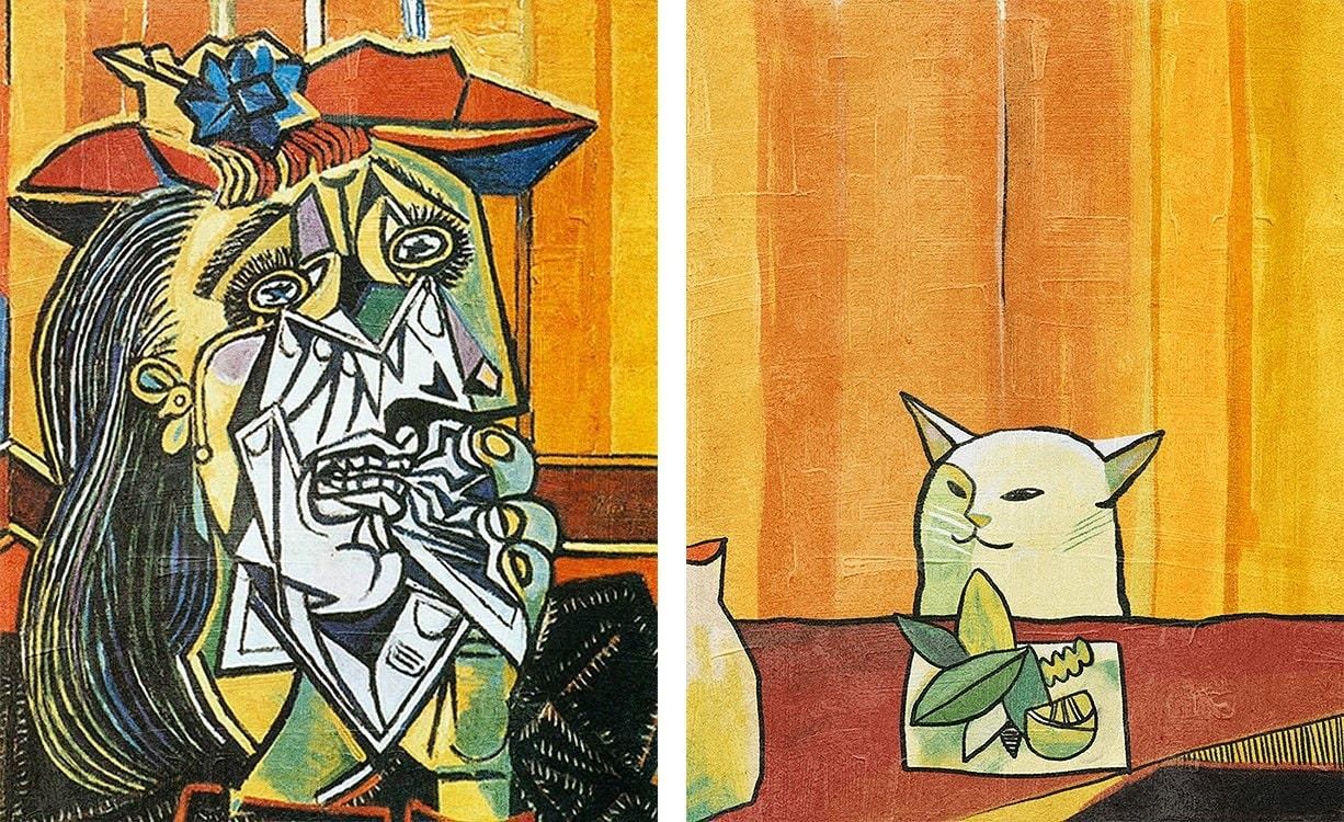 Жена кошка мем. Пабло Пикассо плачущая женщина 1937. Пабло Пикассо кубизм кот. Пабло Пикассо картины плачущая женщина. Пабло Пикассо "the Cat and the Bird", 1939.