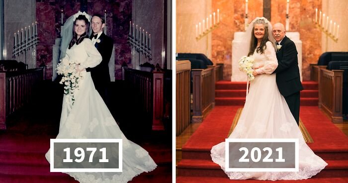 Пара воссоздала свадебные фото к 50-летнему юбилею