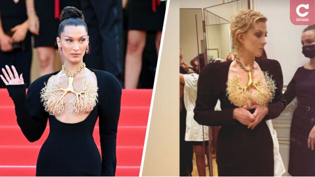 Как Белла Хадид: Рената Литвинова примера черное платье с золотыми бронхами