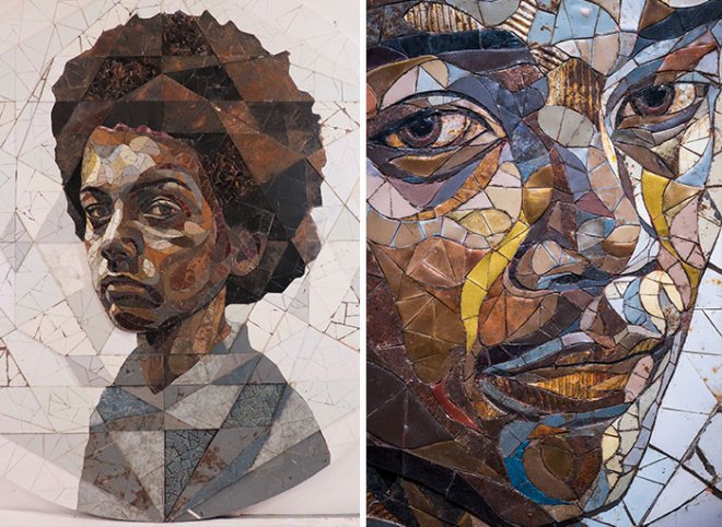 Мозаичные портреты реальных людей из металлических обломков, найденных на улицах и свалках