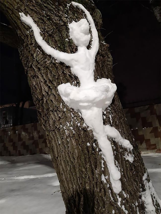 Уникальные скульптуры из снега на деревьях в Перовском парке Москвы